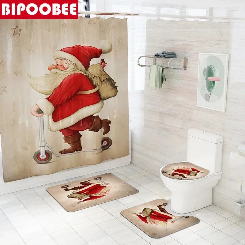 シャワーカーテンバスルームの装飾のためのサンタクロースカーテンメリークリスマスバスマットラグトイレの蓋