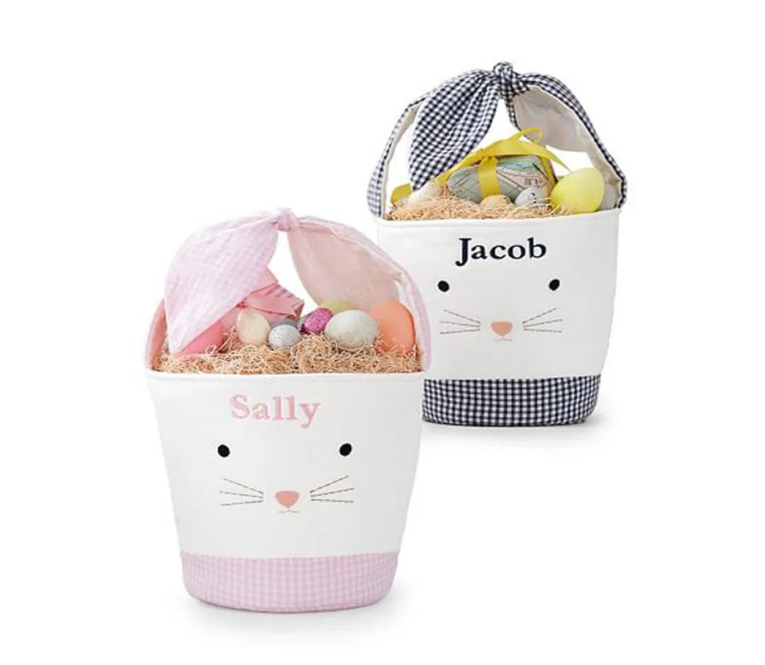 Easter Bunny Bags Barrel Bucket Basket Plaid Patchwork Cartoon Rabbit Ear Bowknot Canvas Tygväska Nyårsgåvor Egg Candies Handb9536805