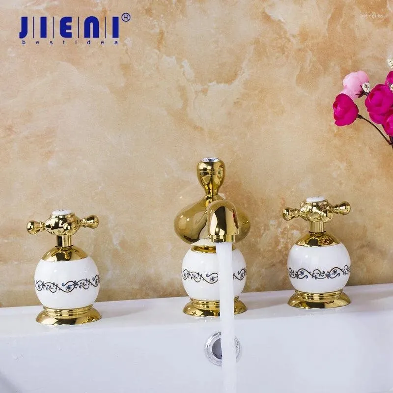 Robinets de lavabo de salle de bain jieni robinets de diamant de luxe enrichis d'or en or 3 pcs baignoires de baignoire européenne de douche montée sur pont de douche