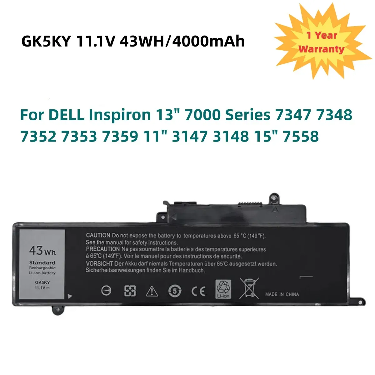 Batteries GK5KY 11.1V 43Wh Batterie pour ordinateur portable pour Dell Inspiron 13 "7000 Série 7347 7348 7352 7353 7359 11" 3147 3148 15 "7558