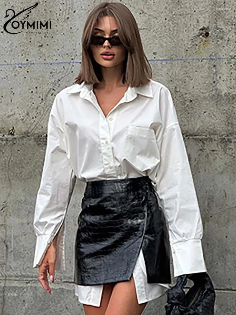 Robes de travail Oymimi Fashion Blanc Blanc en deux pièces pour les femmes Elegant Elegant à manches longues Shirts Button et High Taist Leather Mini Jirts