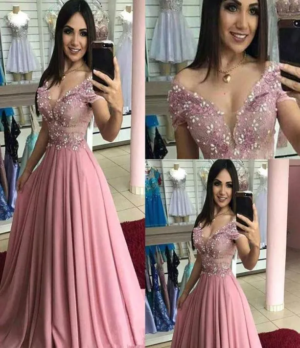 2020 Linia różowa wieczorna sukienka formalna Vestidos de Fiesta Formalne sukienki na imprezę balową aplikacje V Krótkie rękawy 9526808