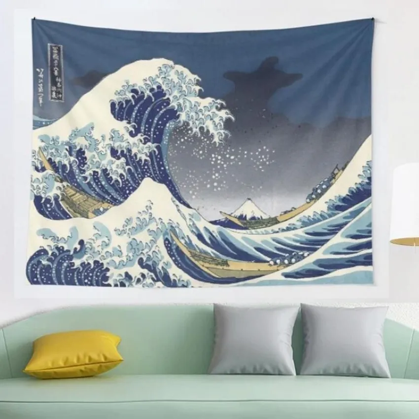 Tapisseries Great Wave Kanagawa Night Tapestry Hippie Mur suspendu Cax de café Mandala tissu Boho2036