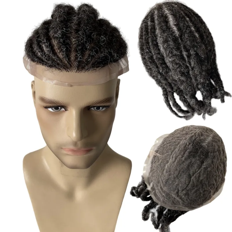 European Virgin Human Hair Replacement 1bGrey Afro Cornrow Full Lace Toupee 8x10 Male Lace Unit for Old Black Men