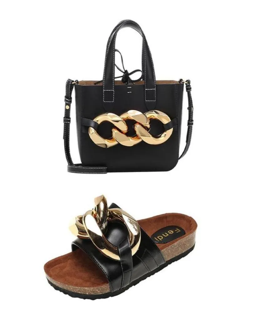 Black Big Chain Slides и кошельки Set Sandels для женщин Летняя тапочка с сумочками мода Xury Designer Shoes pantufa Slipper8422410