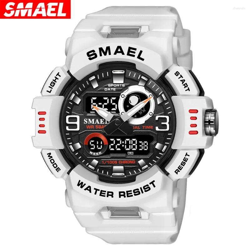 손목 시계 Smael Sport Watch 남성용 LED 경보 알람 디지털 시계 이중 시간 디스플레이 자동 날짜 백라이트 청소년 쿼츠 남성