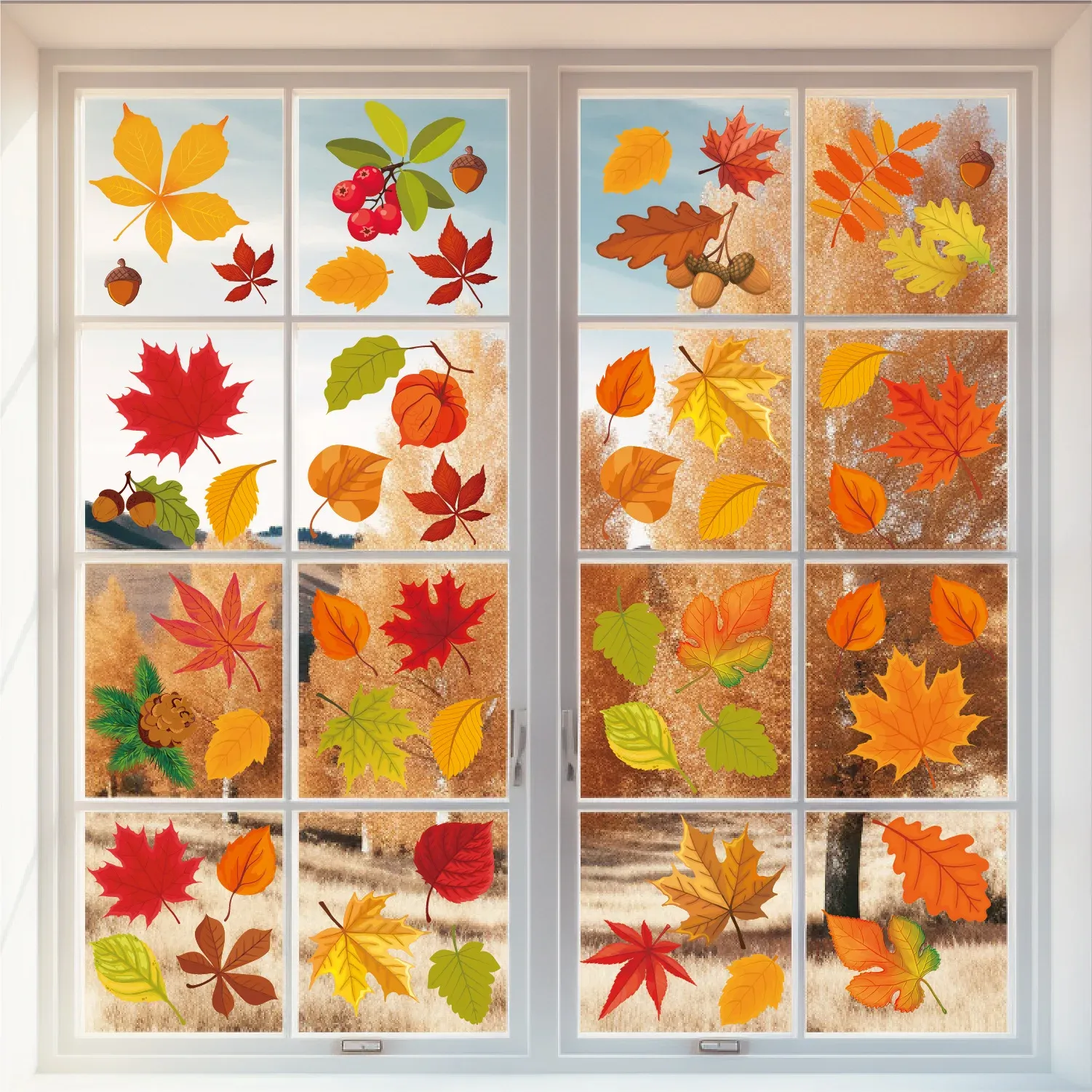 Autumn Leaf Window Sticker, dubbelsidig tryckning, statisk elektricitetsfönster och dörrdekorationer, lönnlöv glasklistermärken,