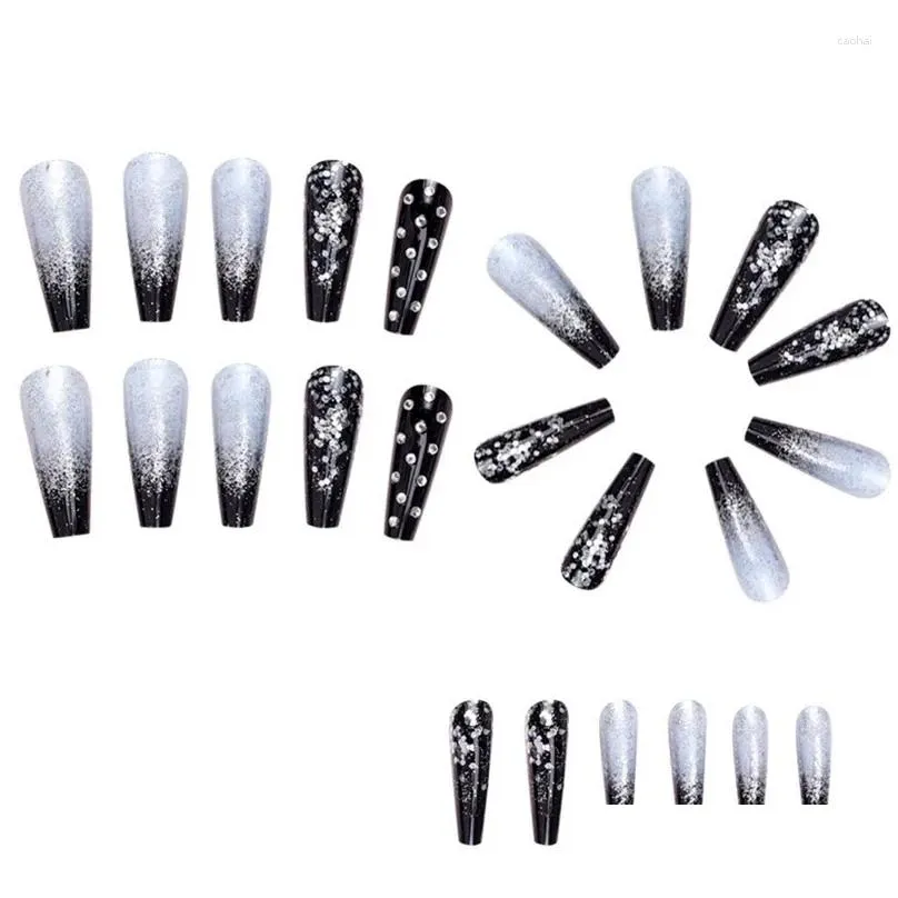 Faux Nails Gradient noir Applique Diamond Long Cercin Nail Tips Docuable Presse sur les paillettes Art Drop Livraison Health Beauty Salon OTF34