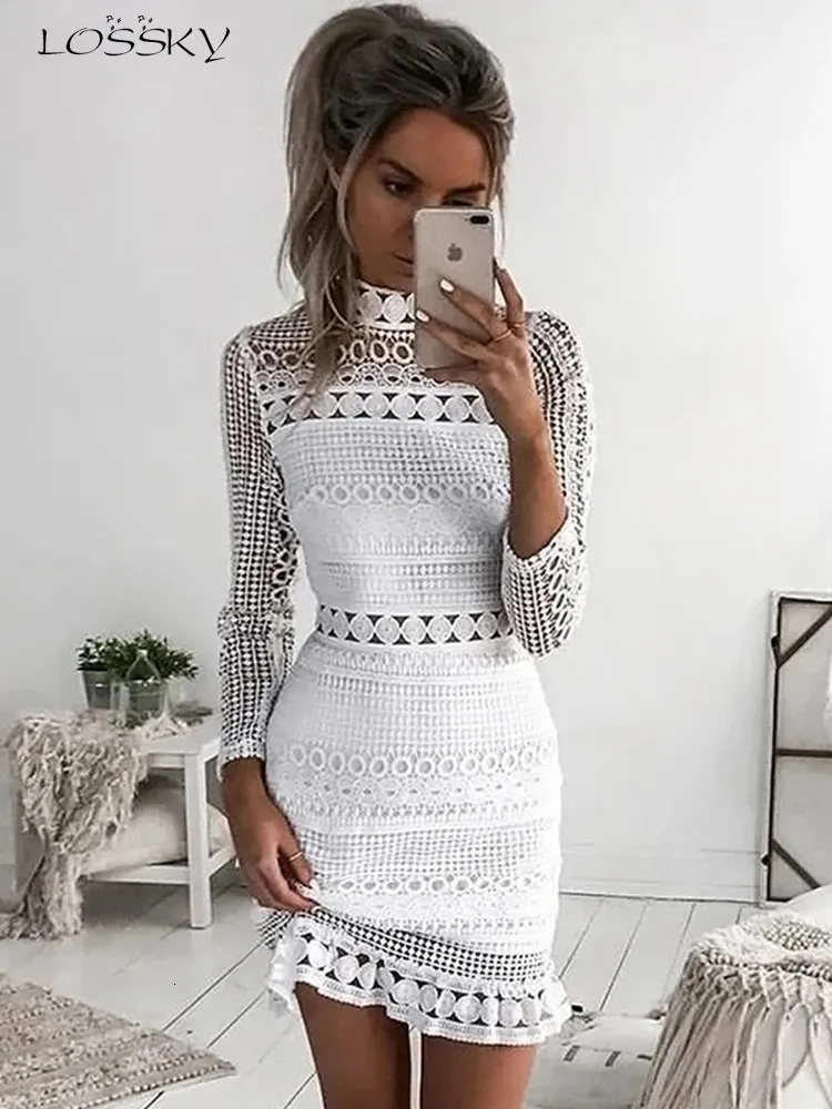 Lossky Sexy White Lace Stitching Hollow Out Party Dresses Elegant Women Short Mini Summer Casual Clothes For 240412