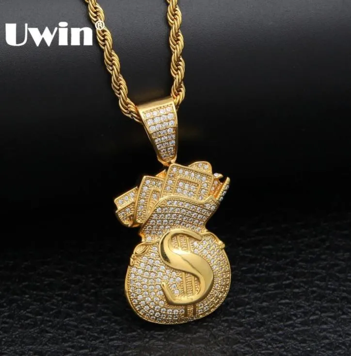 Uwin US Money Bag Necklace Pendant Full Bling Cubic Zirconia Iced Out Gold Chains Silver Gold Color Hiphop Jewelry For Men4374510