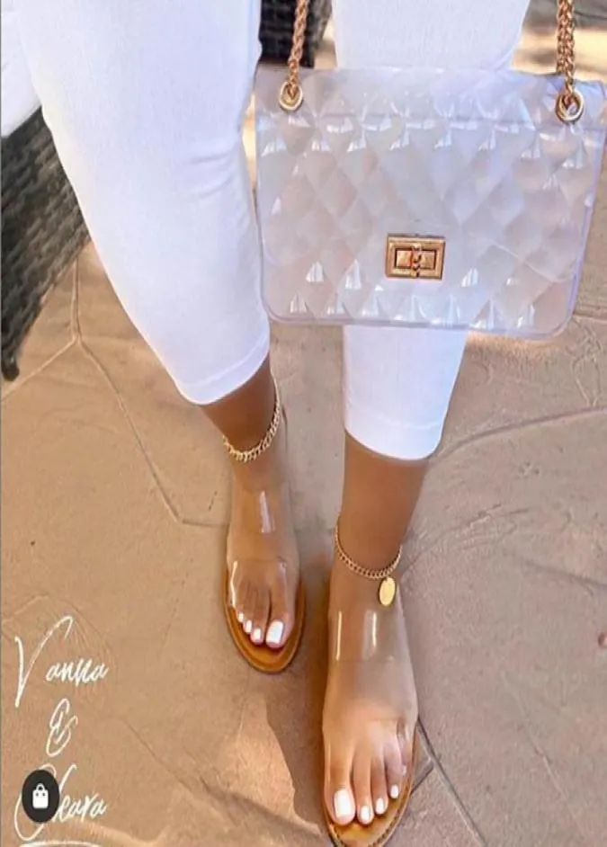 Skor för kvinnor gelé glider sommarlisten klara sandaler handväska dubbel rem transparent platt och handväska set pantufa väska tofflor8786854