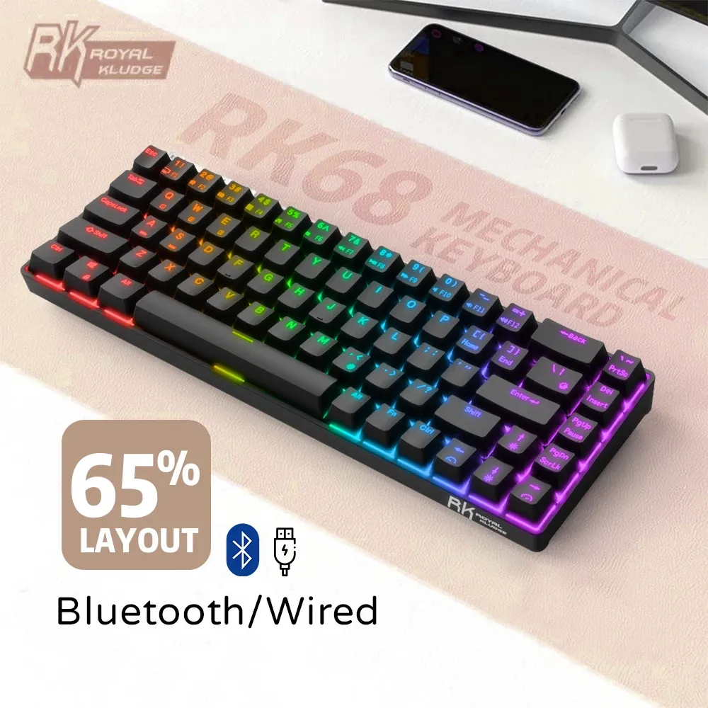 キーボードRK68（RK855）/RK61 Pro 65％Bluetooth RGB Hot Swappable Mechanical Gaming Keyboard Compact 68 Keys Wireless Gamer Keyboard