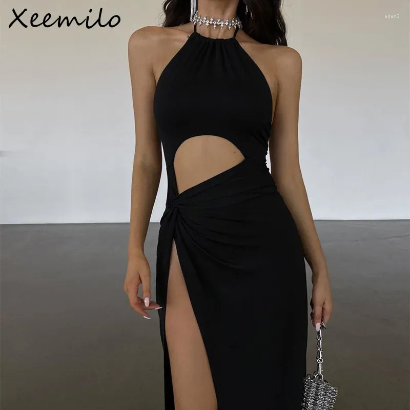 Lässige Kleider Xeemilo sexy Prom Party Schwarzes langes Kleid elegante Taille hohlaus hoher Sommer -Mode Rückenless Schnüre -up -Robe