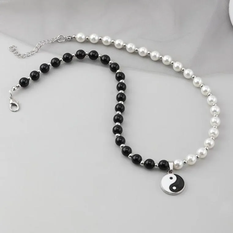 Chokers Yuvarlak İnci Boncuklar Yin Yang Taichi Kolye Paslanmaz Çelik Zincir Unisex Kolye Çift Takı Kadınlar Mens4509712