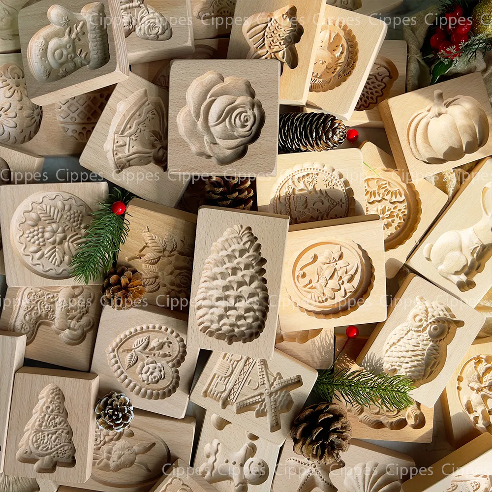 Houten koekjesvormen met bloemendieren patroon 3D gesneden reliëfsnijdervormen voor kerstkeuken bakgereedschap