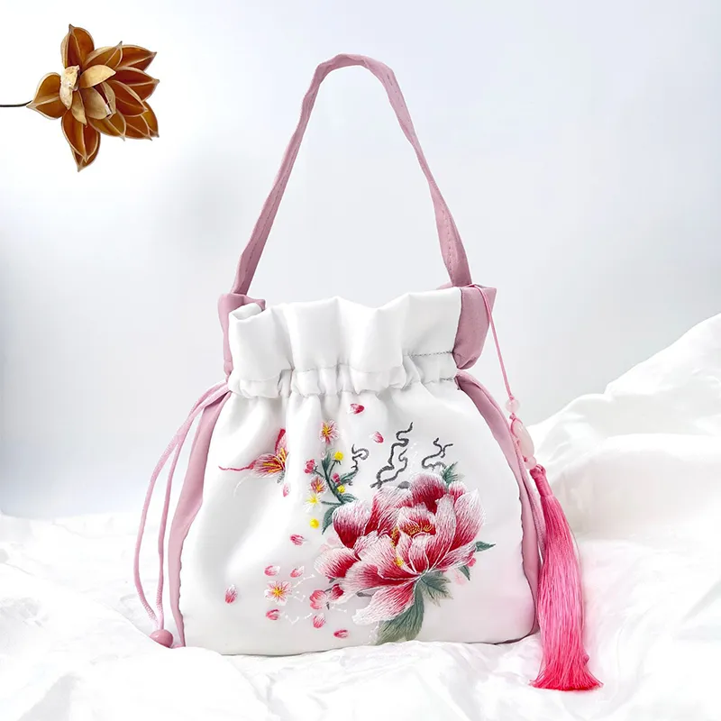 thumbnail image 2 of Holibanna Chinese Ethnic Embroidered Handbag - Floral Drawstring Purse 19x19cm | Wedding Bridal Jewelry Pouch In Pink 2 of 11