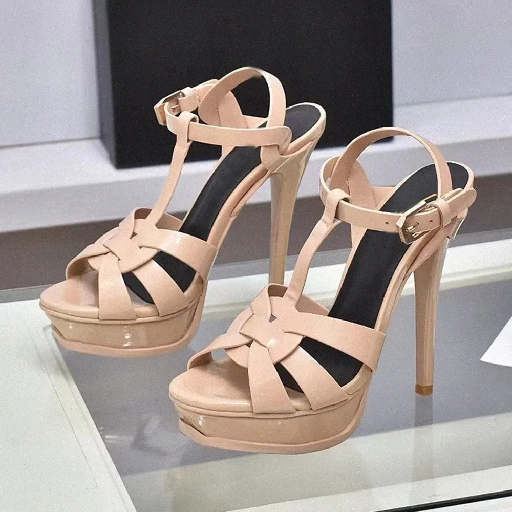 Designer High Heels Platform Shoes Sandal Tribute Woven avsmalnande spänne t-rem Stiletto Kvinnor Öppna tår 14 cm G7of#