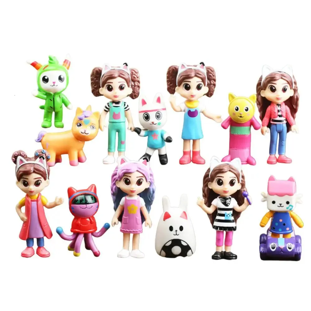 14pcs Set PVC Gabby Dollhouse Figure Tout Mercat Cartoon Animaux Souring Car Cat Hug Gaby Girl Dolls Kids Birthday Gifts 240411