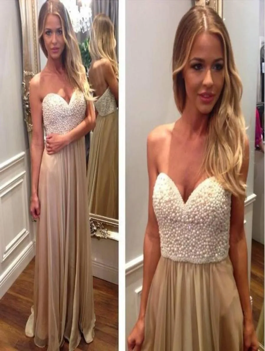 Echt imago Champagne Lange avondjurk 2015 Pearl Bead goedkoop Sweetheart Vestido de Renda Chiffon prom jurken feestjurken2755270