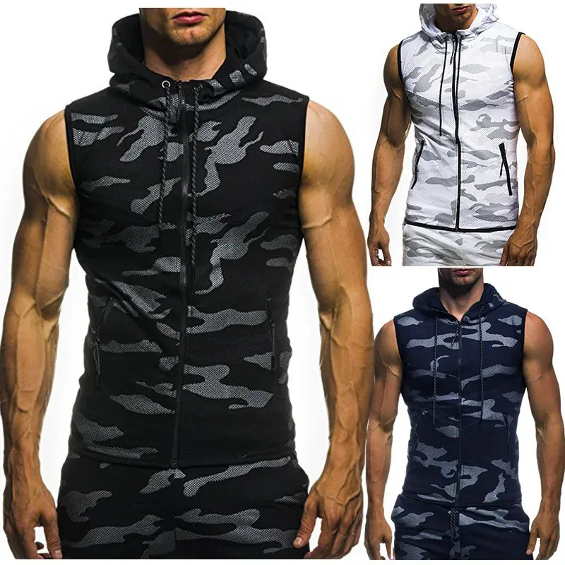 Herren Camouflage Weste Frühling Sommer Militär mit Kapuze mithilfe von ärmellose Sweatshirt Männliche Modemarke Kleidung Fitnessstudio Reißverschluss 240328