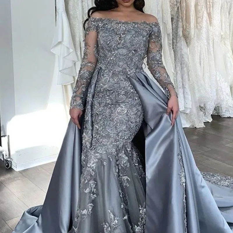 slim fit dress slacks Dreamyannie Women Grey Blue Long Sleeves Prom Dress Mermaid Beaded Lace Evening  Dress – Dreamyannie UK main image 0