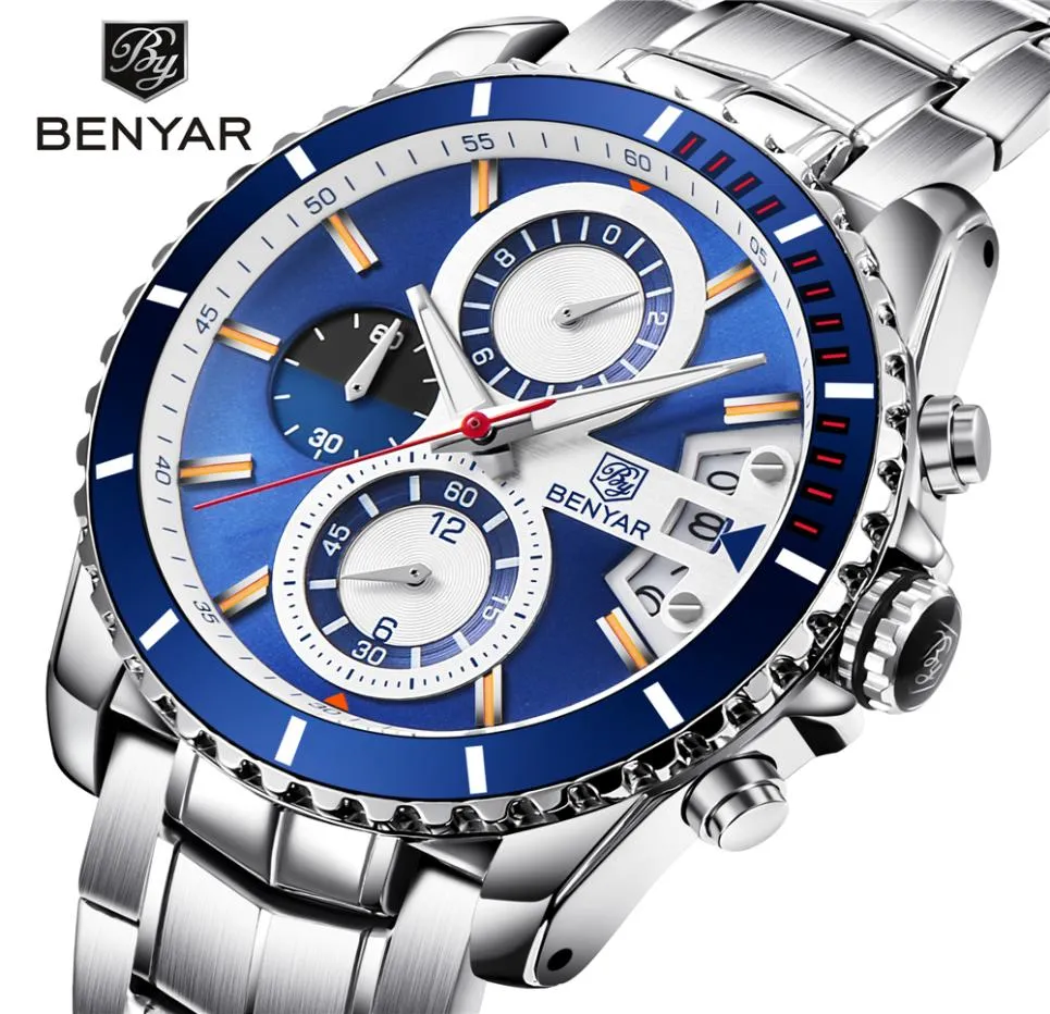 Benyar Fashion Business Mens Mens Watches Top Brand Luxury Chronographフルスチール防水石英時計サポートDrop6902474