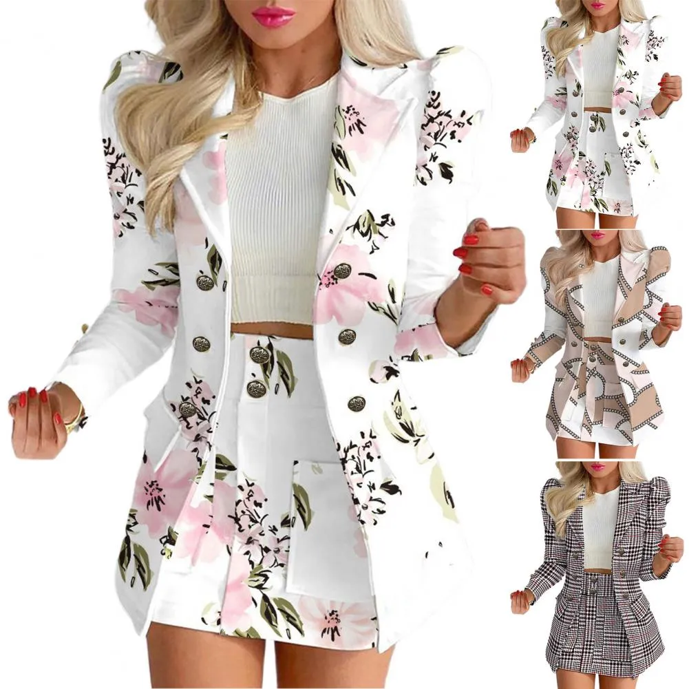 Elegant 2-Piece Floral Check Print Suit Set: Long-Sleeve