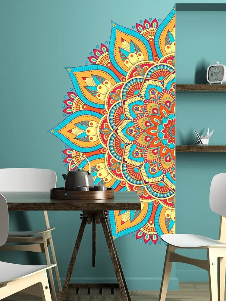 Adesivos de parede de lótus de mandala coloridos, decoração da sala de casa, meditação, adesivos de adesivos, pôster de estúdio de ioga