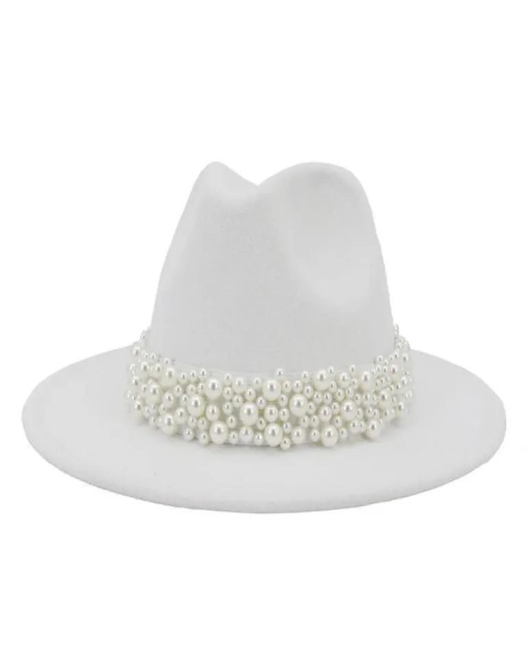 2020 Women Wide Brim Imitation Wool Felt Fedora Hats Fashion Church Party Female Dress Hat Pearl Ribbon Decor White Hat9149341