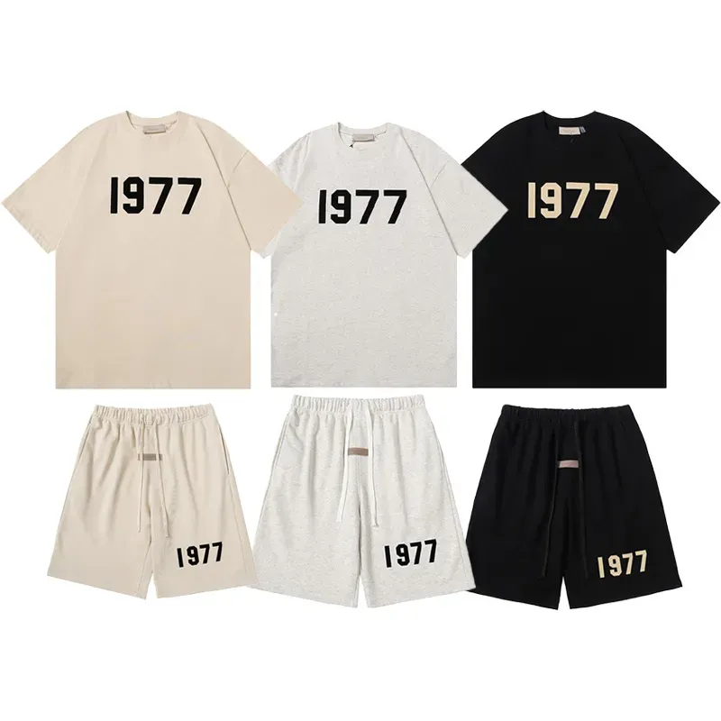 Foggg Arder Fogg Summer Short Sheeved Double Thread ESS Letter Flocking Printing High Street Casual Men and Women Losse T Shirt Shorts Set 01