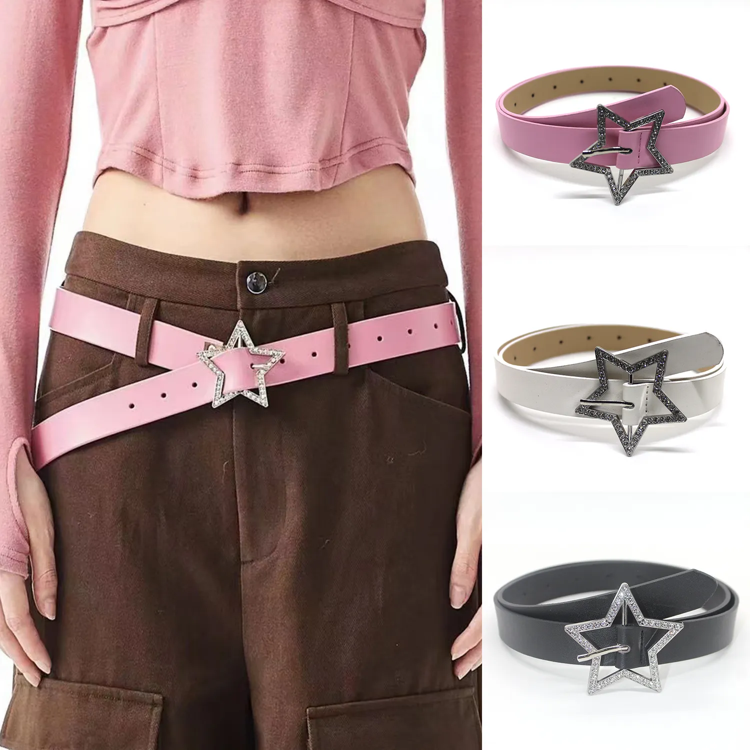 Crystal Embellished Y2K Star Buckle Belt with