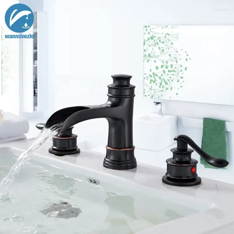 Bathroom Sink Faucets Black Bronze Basin Faucet Widespread Deck Mounted Washing Tap Cold Dual Handle 3 Holes Brass Mixer