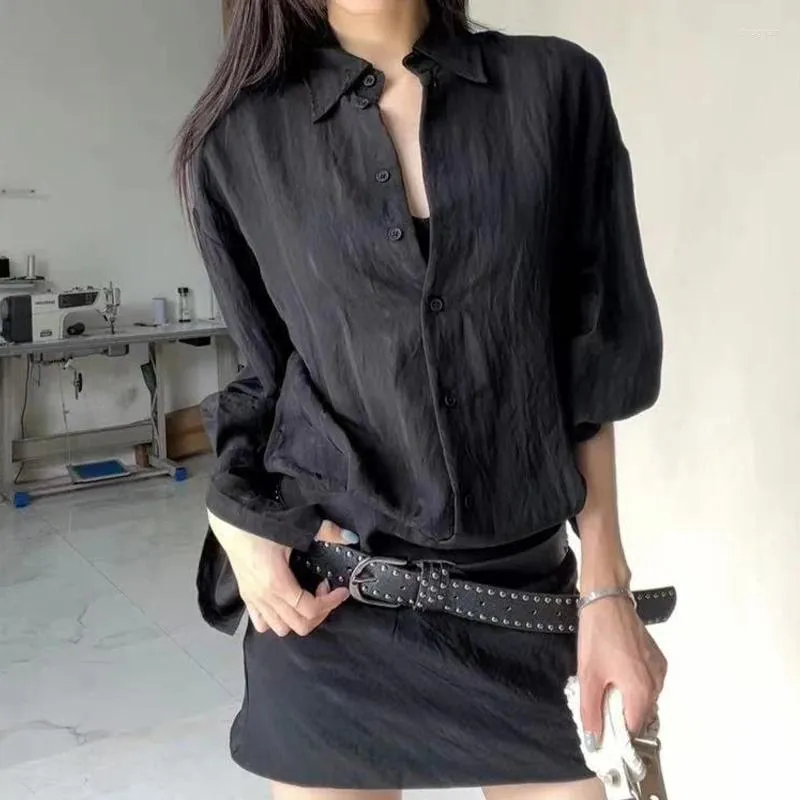 Casual Dresses HOUZHOU Black Shirt Dress Women Sexy See Through White Mini Long Sleeved Short 2024 Korean Style Elegant