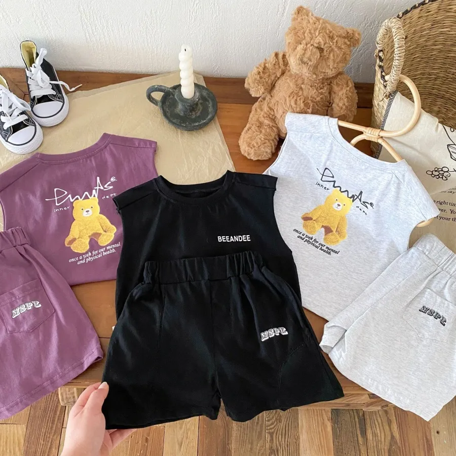 Kids Clothes Sets Toddler Short Sleeve T-shirts Shorts Cartoon Summer Letter Printed tshirts Pants Boys Girls Children Youth Two Piece Suits O0XL#