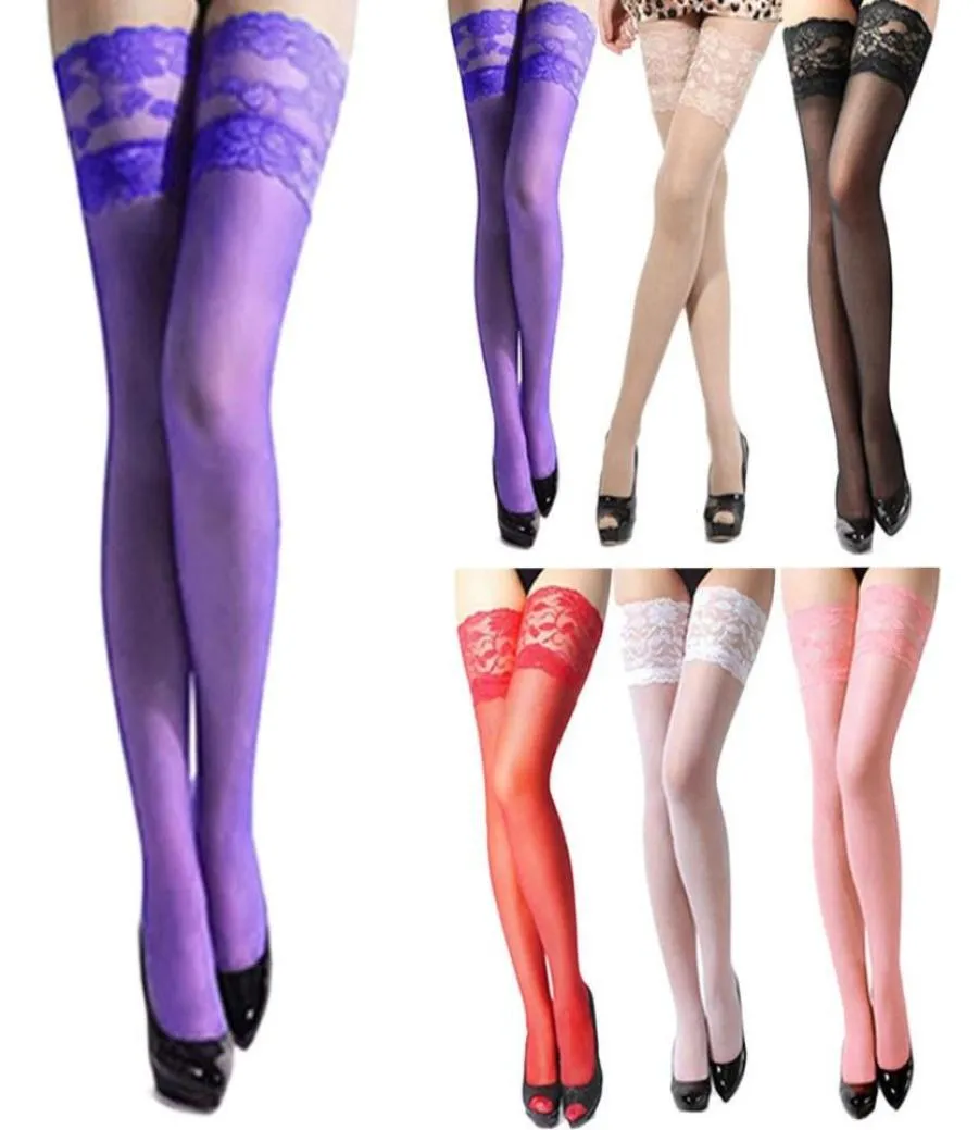 Femmes dame sexy collants longs en dentelle purre restez en cuisse hauts bornes collants sur les chaussettes de genou 6 couleurs 3488345