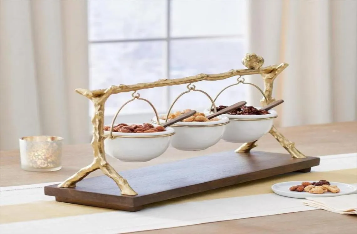 Placas pratos de carvalho dourado ramo de lanche tigela resina rack de natal com cesto removível Decorações de festa de cesta2300500