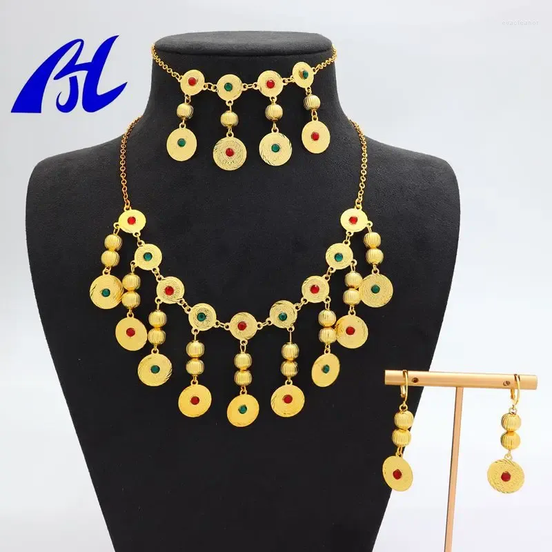 Necklace Earrings Set Women's Fashion Traditional Multi Color Gemstone Coin With Gold Plating
