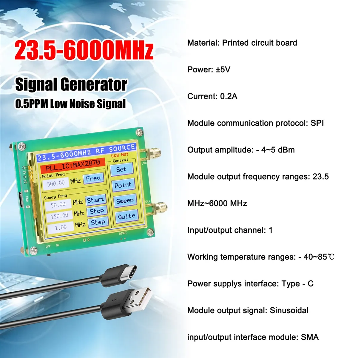 MAX2870 23.5-6000MHz Signal Generator 0.5PPM Low Noise Signal Source Touchable Screen PC Software Control PLL VCO