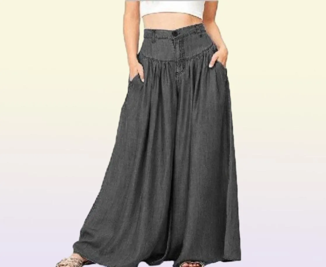 Trousers Women High Waist Long Harem Pants Pockets Loose Pleated Denim Blue Wide Leg Pants Party Palazzo Plus Size77696281421139