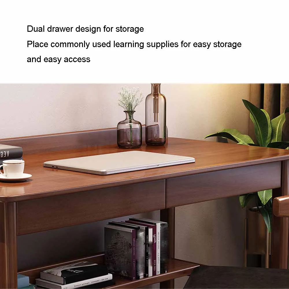 Folding Modern Laptop Minimalism Computer Desk Oak Study Table With Shelf Double Drawer Design Bilateral Hook For Bedroom