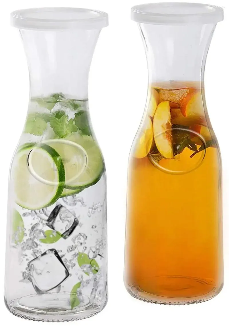 Water Bottles Glass Beverage Pitcher Carafe With Plastic Lids Narrow Neck Design 1 Liter (33oz) Set Of 2