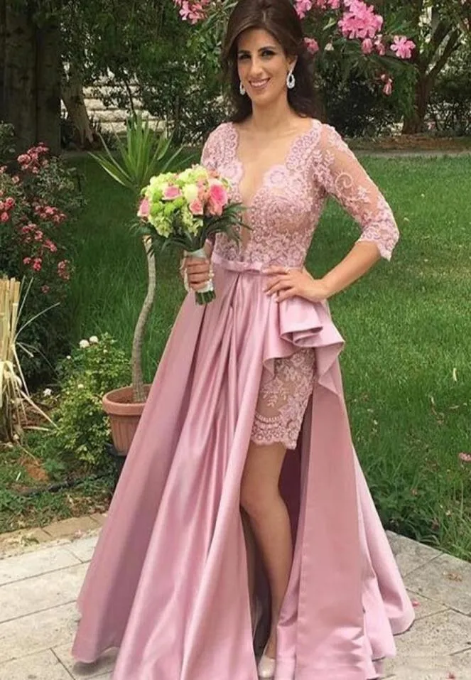 2017 Dusty Pink Sheer Neck Sexy Mother Prom -klänningar med halv ärmar Applices Evening Dress Party Gown Lace1095456