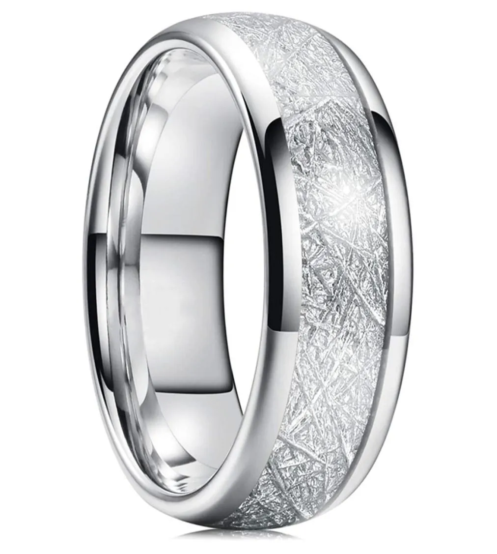 8mm volfram Mens Ring Inlay Meteorite Silver Polished Wedding Bands Men039S 316L rostfritt stål Ringstorlek 7132691395