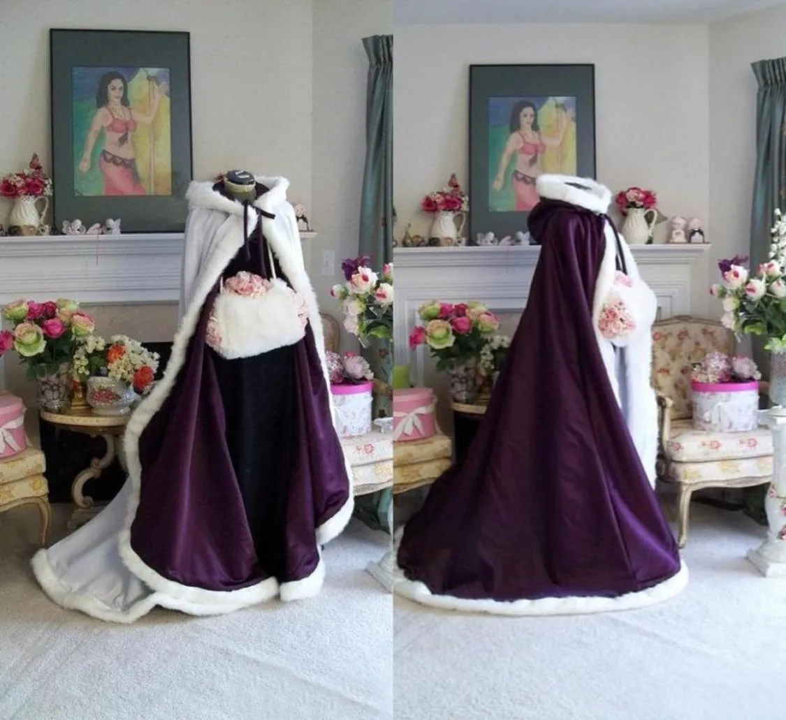 Custom Made New Trending Purple White Ivory Long Winter Bridal Capes Wedding Cloak Faux Fur Winter Wedding Warm Bridal Cloaks4457336