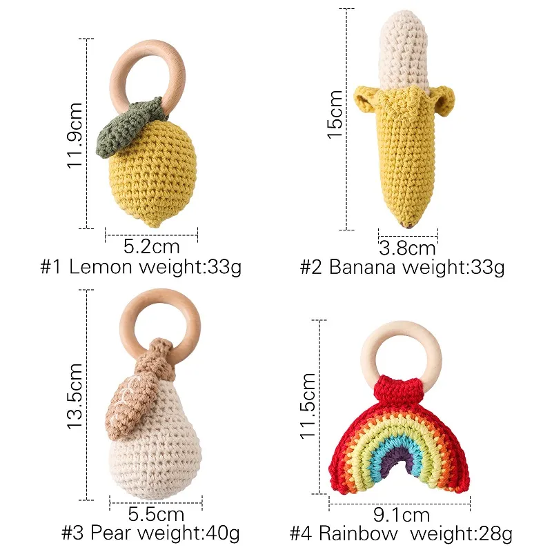 Baby Crochet Rattle Montessori Toys Bracelete de madeira Play Gym Pingente Fruit Rattle Toys Toys Mobile Bell Newborn Gym