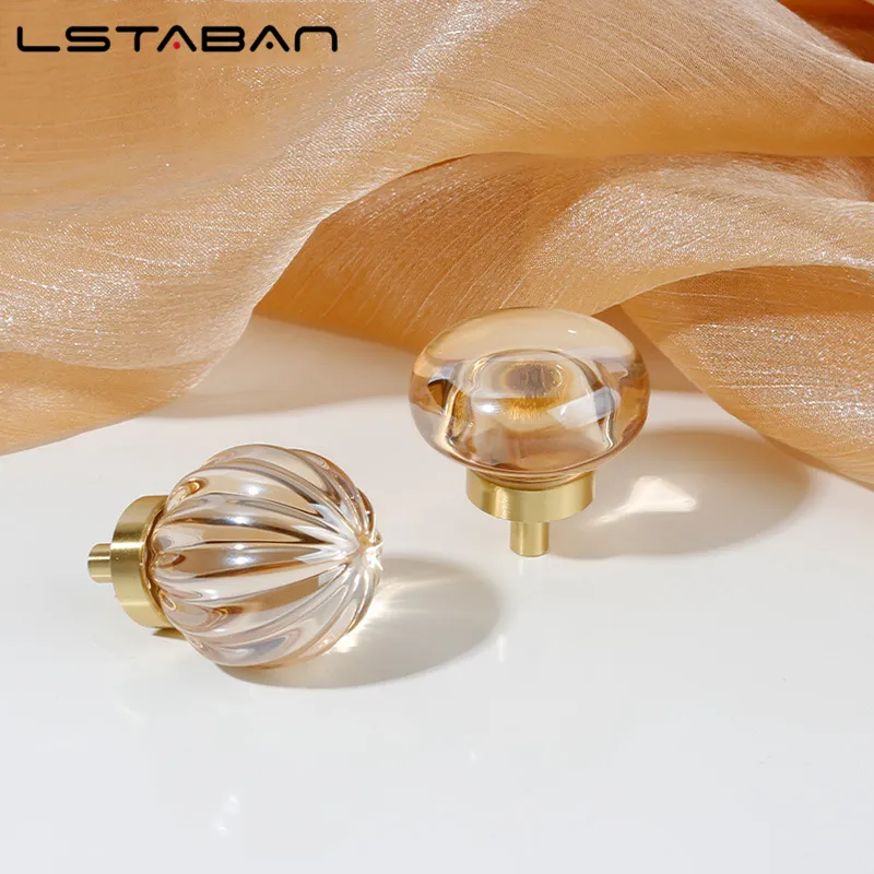 Transparent Crystal Round Furniture Handle Door Knobs With Brass Base Modern Handles for Cabinet Kitchen Cupboard Drawer Pulls