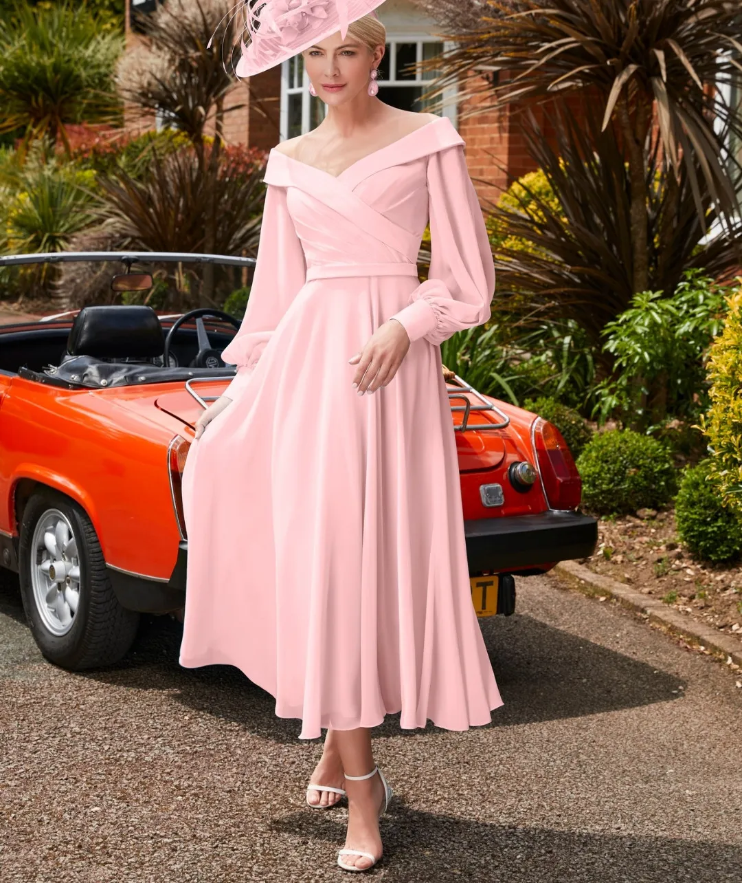 pink chiffon tea length dress A-line Tea Length Chiffon Mother of the Bride Dress with Cape Sleeves and Beaded Waist