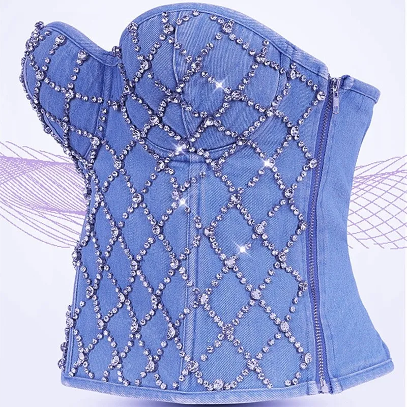Rhinestone Diamond Sequin Denim bootcut jeans Shaper Corset