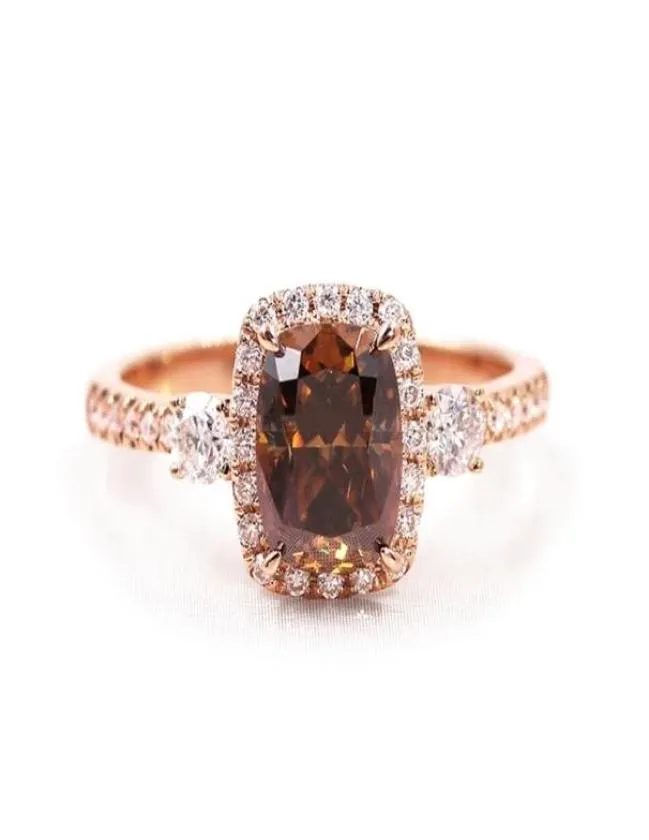 Wedding Rings Tianyu Gems 6x8mm langwerpige kussen Champagne Halo 14K 18K Rose Gold Def Diamonds Women Engagement Ring 2208265128269