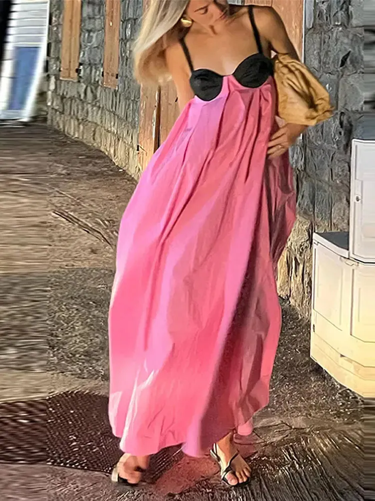 Модная лоскутная швори контрастная подвеска макси -платье женщины 2024 летние рукавочные платья без спинки Lady Slip Beach Press 240328